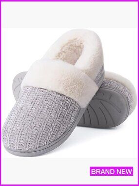 Fuzzy Memory Foam Slippers, Closed Back Knit Bedroom Shoes, Slip-On Warm House